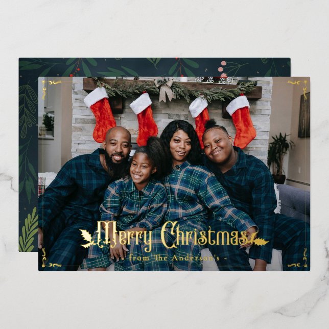 Merry Christmas Holly Berry Elegant Custom Photo Foil Holiday Card (Front/Back)
