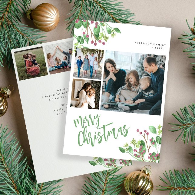Merry Christmas holly berry foliage multi photo  Holiday Card (Creator Uploaded)