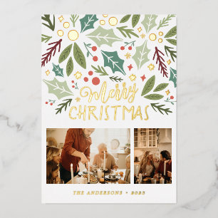 Merry Christmas Holly Berry Foliage Two Photo Foil Foil Holiday Card