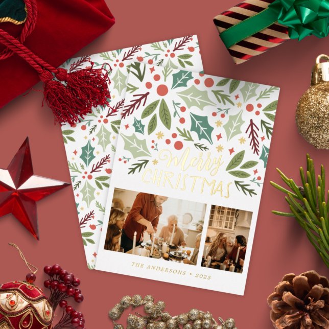 Merry Christmas Holly Berry Foliage Two Photo Foil Holiday Card (Creator Uploaded)