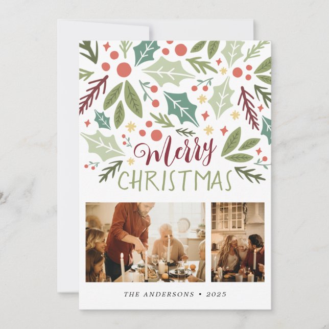 Merry Christmas Holly Berry Foliage Two Photo Holiday Card (Front)