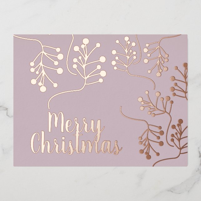 Merry Christmas Holly Berry Gold Pressed Blush Foil Holiday Postcard (Front)