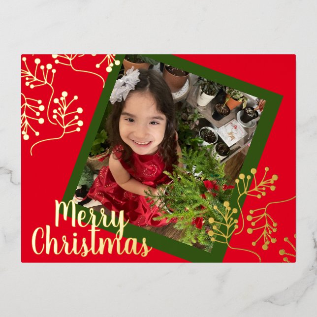 Merry Christmas Holly Berry Gold Pressed Foil Holiday Postcard (Front)