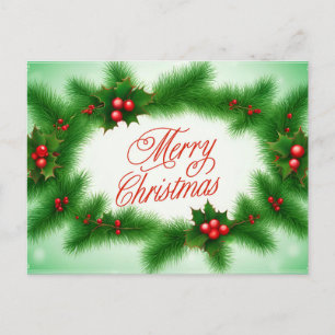 Merry Christmas Holly Berry Wreath Holiday Postcard
