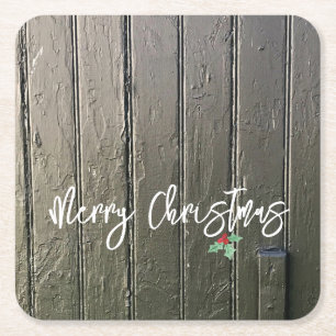 Merry Christmas Holly Black Barn Door Farmhouse Square Paper Coaster
