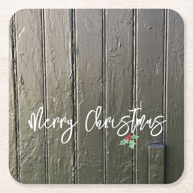 Merry Christmas Holly Black Barn Door Farmhouse Square Paper Coaster (Front)