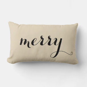 Merry Christmas Holly Black Script Beige Holiday Lumbar Cushion