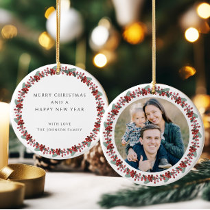 Merry Christmas Holly Botanical Photo Ceramic Ornament