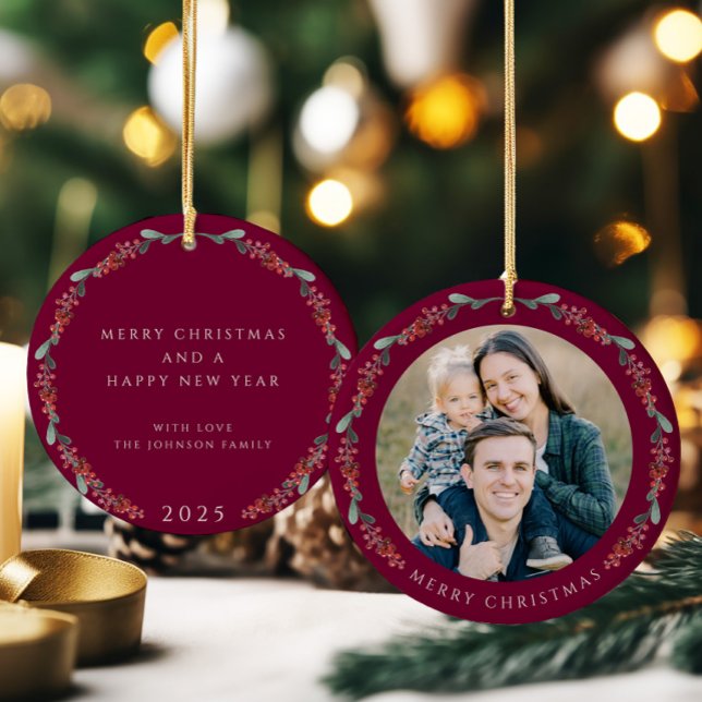 Merry Christmas Holly Botanical Photo Ceramic Ornament (Merry Christmas Holly Botanical Photo Ceramic Ornament)
