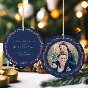 Merry Christmas Holly Botanical Photo Ceramic Ornament