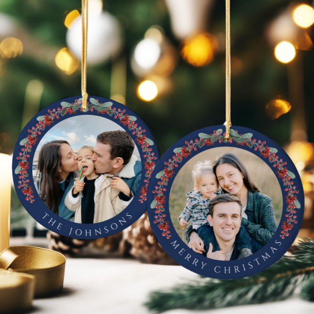 Merry Christmas Holly Botanical Photo Ceramic Ornament (Creator Uploaded)
