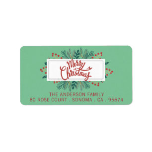 Merry Christmas Holly Boughs Green Return Address Label