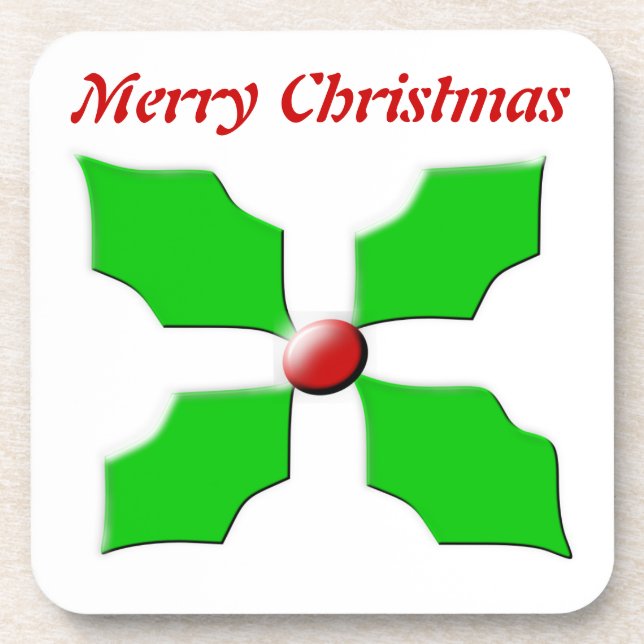 Merry Christmas Holly Customisable Cork Coaster (Front)