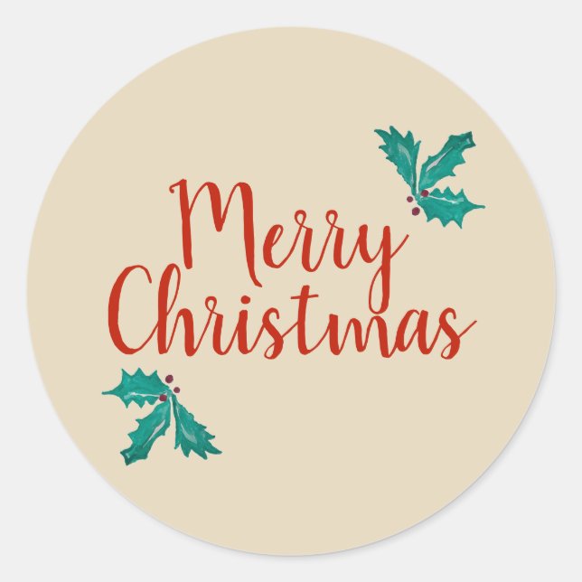 Merry Christmas Holly Design Classic Round Sticker (Front)
