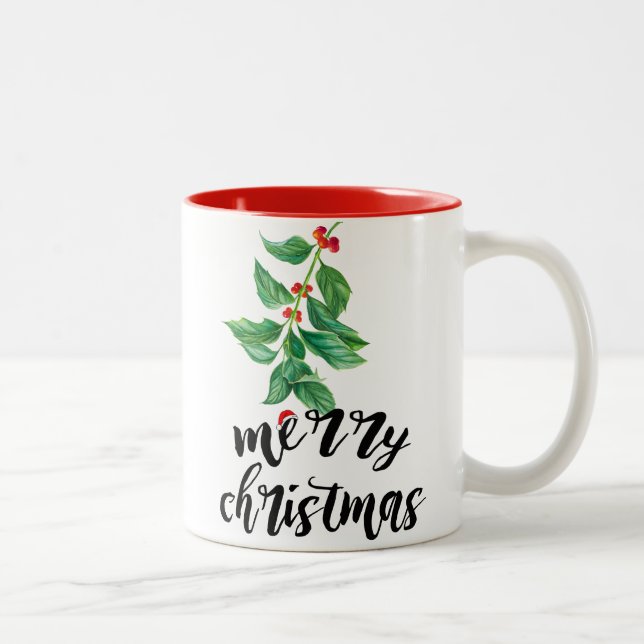 Merry Christmas Holly Design Custom Santa Two-Tone Coffee Mug (Right)