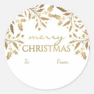 Merry Christmas Holly Garland Gold Metallic Tag