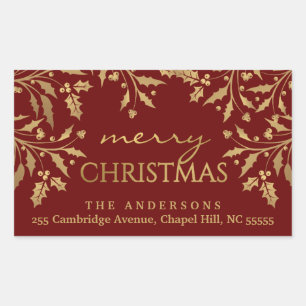 Merry Christmas Holly Gold Faux Foil Address Rectangular Sticker