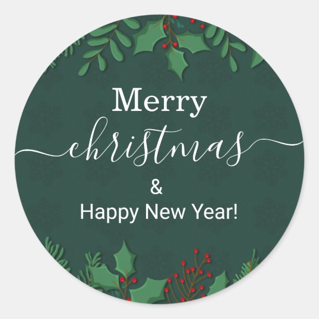 merry christmas holly greenery modern handwriting classic round sticker (Front)