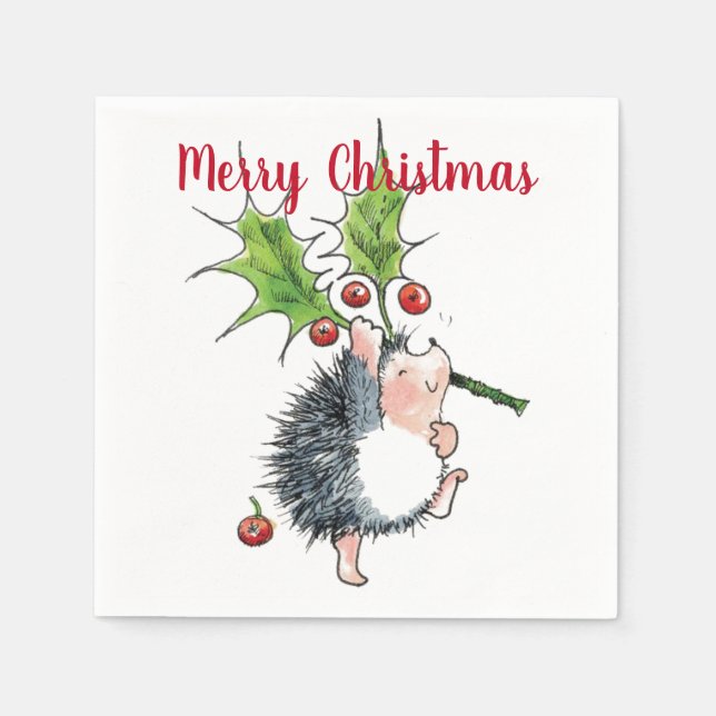 Merry Christmas Holly Hedgehog Napkin (Front)