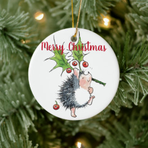 Merry Christmas Holly Hedgehog Personalised Ceramic Ornament