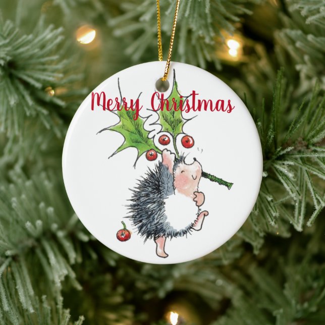 Merry Christmas Holly Hedgehog Personalised Ceramic Ornament (Tree)