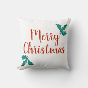 Merry Christmas Holly Ivy Red White Holiday Cushion