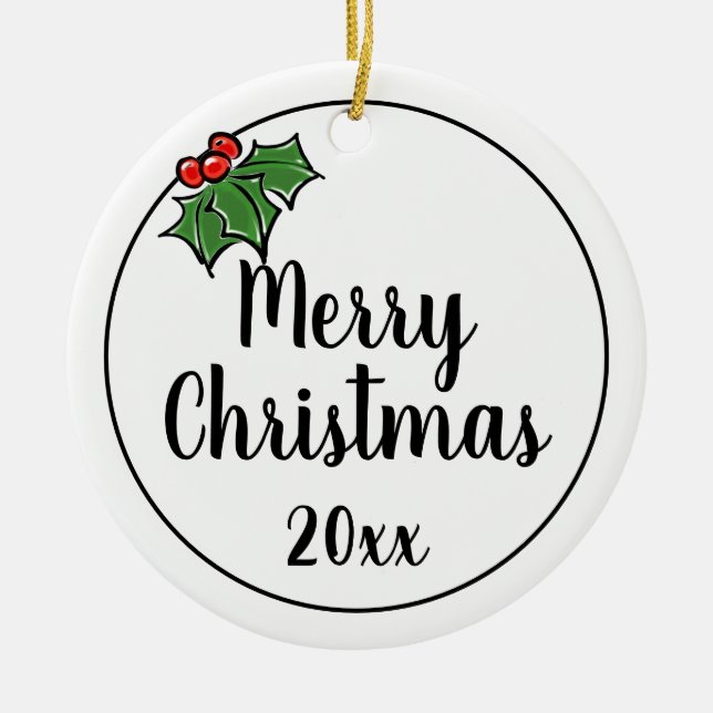 Merry Christmas holly leaves berries Ceramic Ornament (Front)