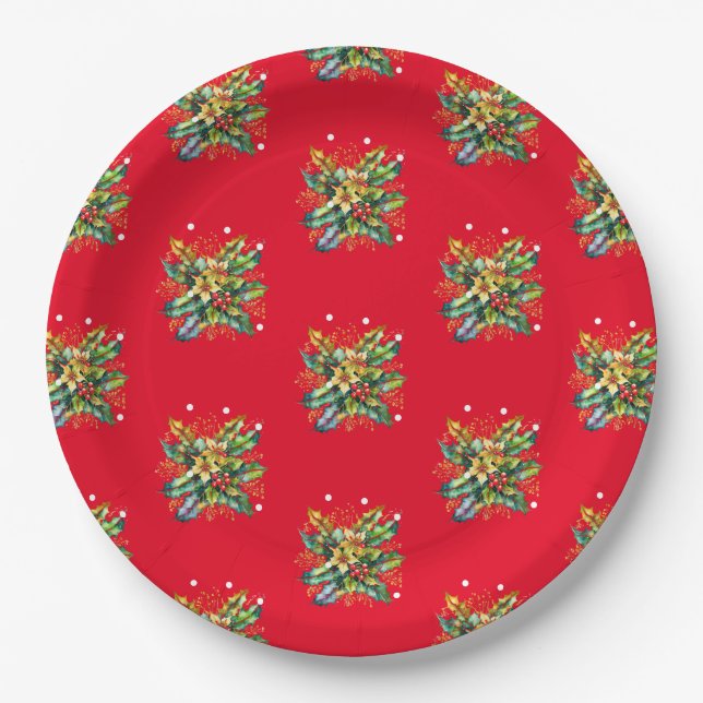 Merry Christmas Holly Leaves Berries Flowers Red Paper Plate (Front)