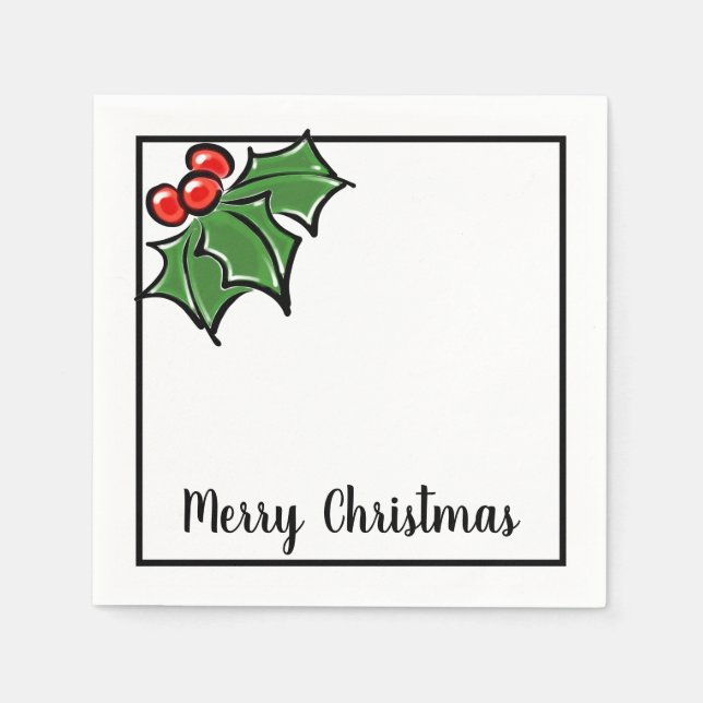 Merry Christmas holly leaves berries Napkin (Front)