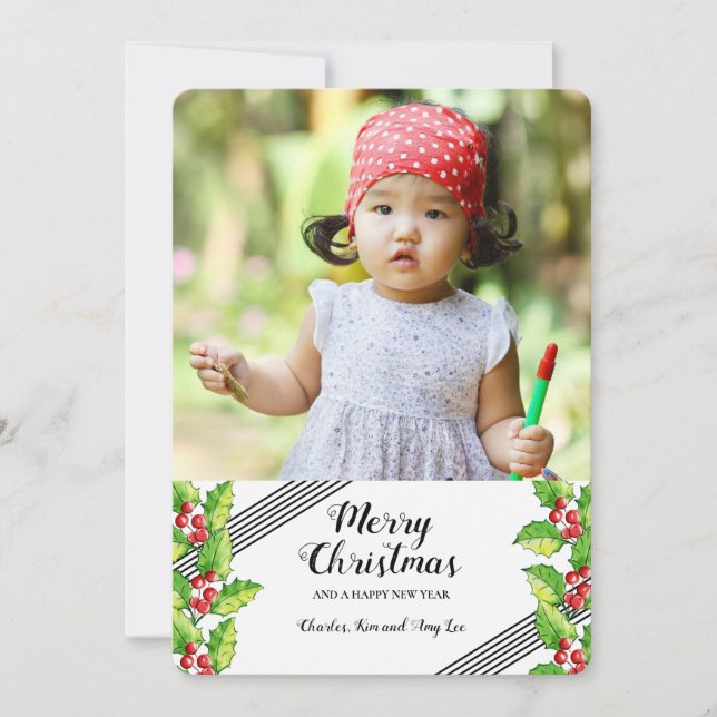 Merry Christmas Holly Photo Holiday Card (Front)