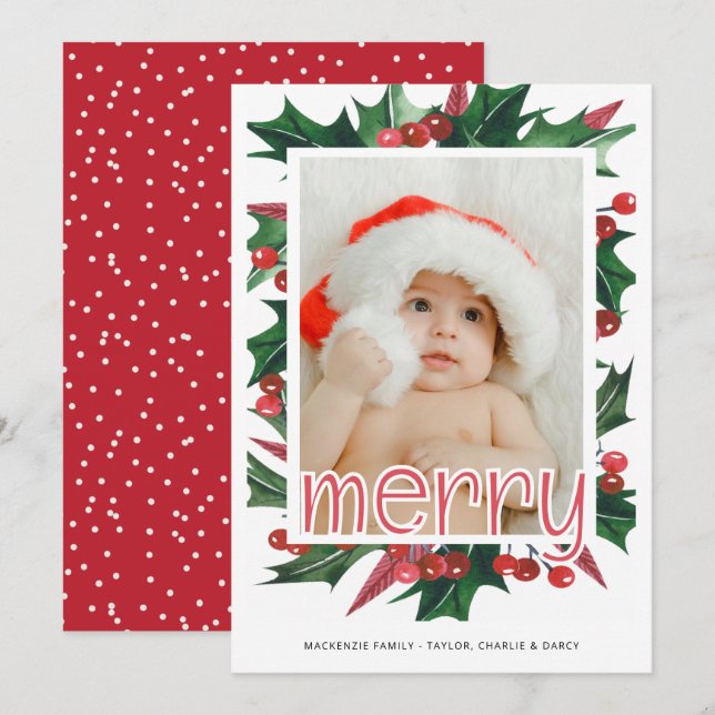 Merry Christmas Holly Photo Personalised Holiday Card (Front/Back)