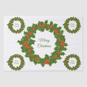 Merry Christmas holly red berry wreath Tissue Paper