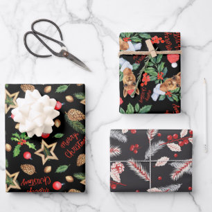 Merry Christmas Holly Red Fir Pine Cone Star Black Wrapping Paper Sheet