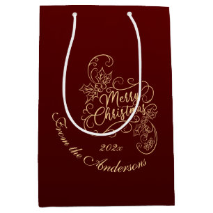Merry Christmas Holly Red Greeting Holiday Medium Gift Bag