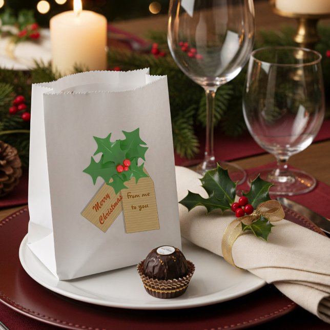 Merry Christmas Holly Sprig Personalised Favour Ba Bag (A festive favor bag with space for your to add your name)