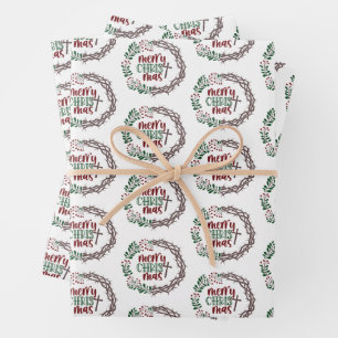 MERRY CHRISTMAS Holly & Thorns Christian Wreath Wrapping Paper Sheet