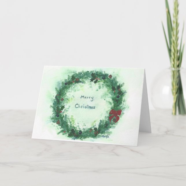 "Merry Christmas" Holly  Wreath card (Front)