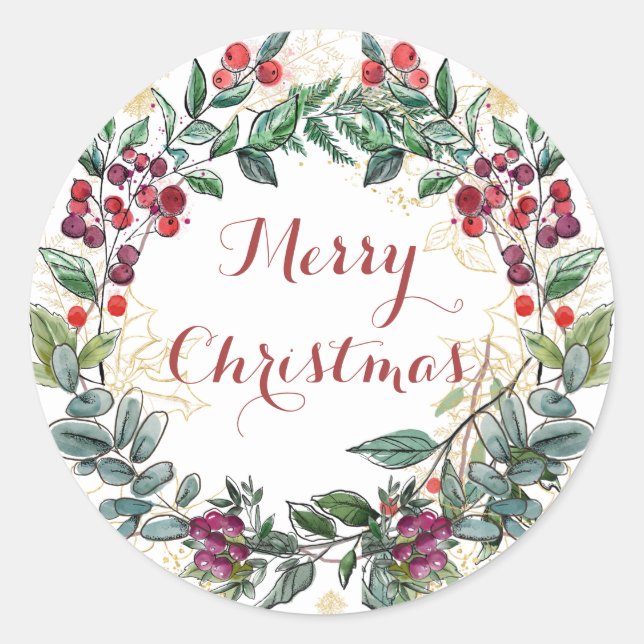 Merry Christmas Holly Wreath Classic Round Sticker (Front)