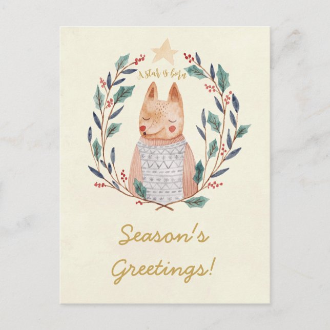 Merry Christmas holly wreath fox postcard (Front)