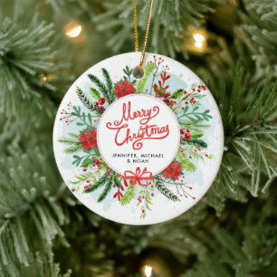 Merry Christmas Holly Wreath Photo Ceramic Ornament