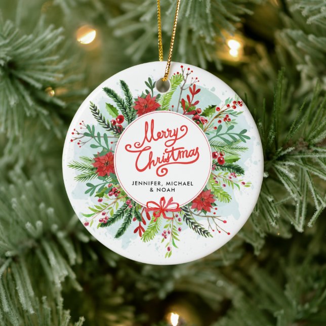 Merry Christmas Holly Wreath Photo Ceramic Ornament (Tree)