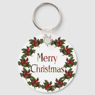 Merry Christmas: Holly Wreath, Pine Cones: Art Key Ring