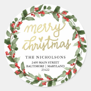 Merry Christmas Holly Wreath   Return Address Classic Round Sticker