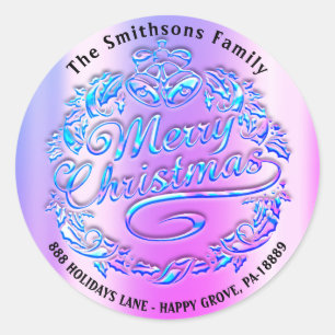 Merry Christmas Holly Wreath RSVP Bells Pink Blue Classic Round Sticker