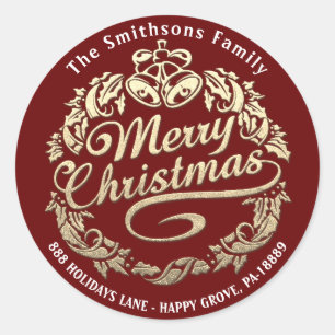 Merry Christmas Holly Wreath RSVP Gold Burgundy Classic Round Sticker