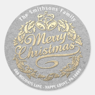 Merry Christmas Holly Wreath RSVP Gold Grey Classic Round Sticker