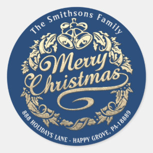 Merry Christmas Holly Wreath RSVP Gold Royal Blue Classic Round Sticker