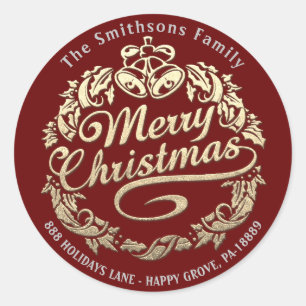 Merry Christmas Holly Wreath RSVP Gold Royal Red Classic Round Sticker