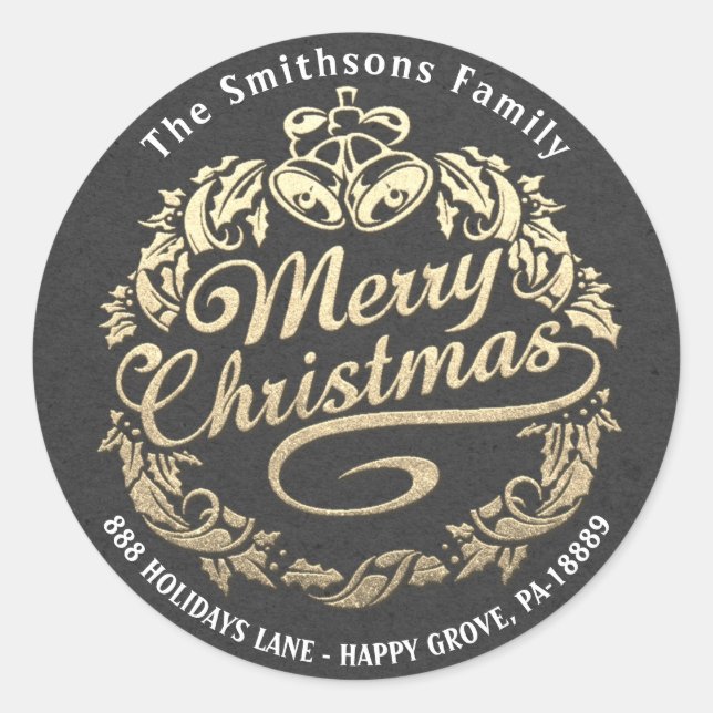Merry Christmas Holly Wreath RSVP Grey Gold Kraft Classic Round Sticker (Front)