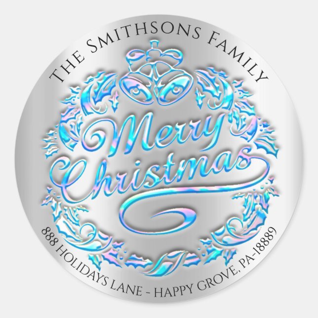 Merry Christmas Holly Wreath RSVP Silver Blue Classic Round Sticker (Front)